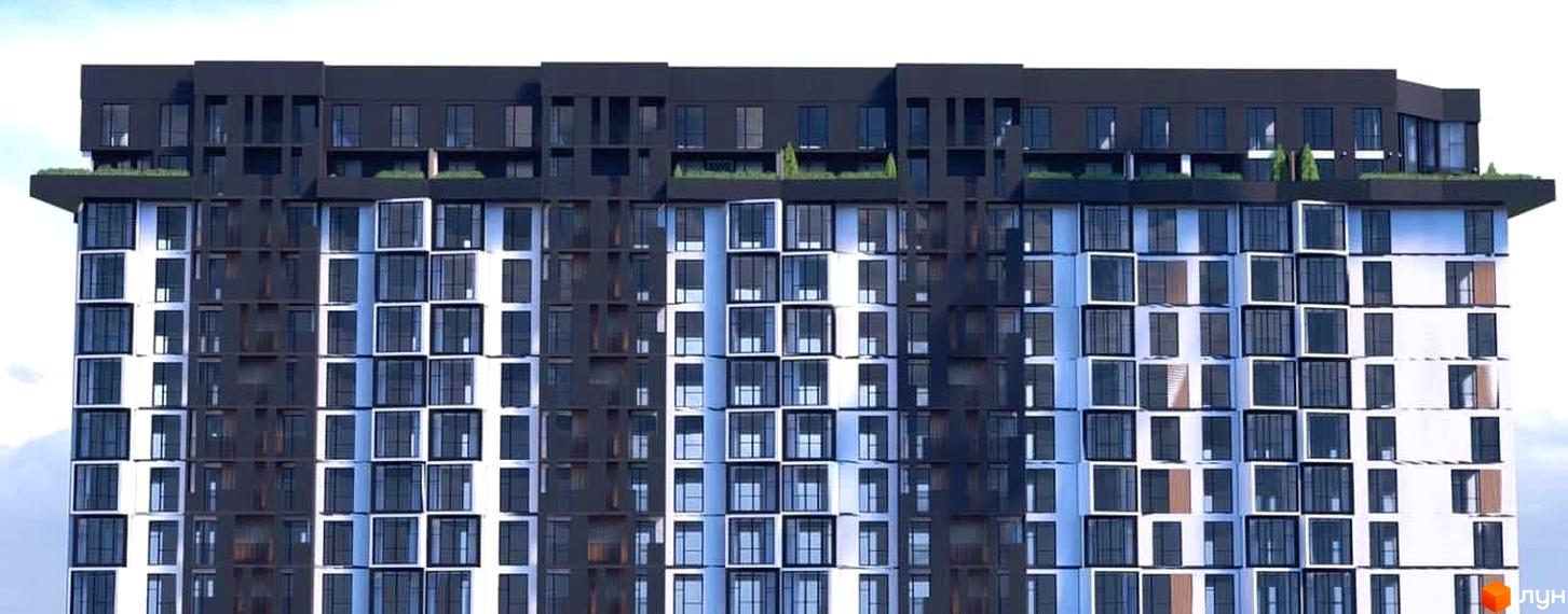 Фасад житлового комплексу Argo з численними вікнами та балконами, виконаний у біло-чорних тонах. Будинок має нерівномірну структуру та виступаючі елементи.