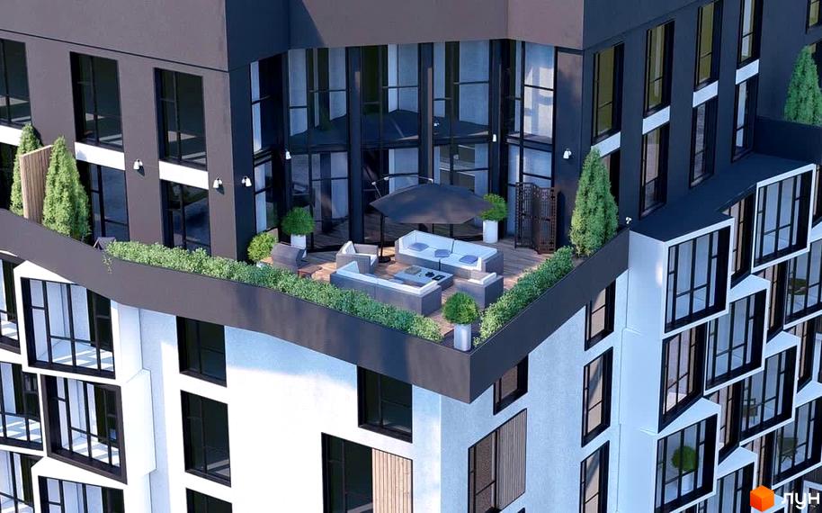Житловий комплекс Argo з терасою на даху, меблями та зеленню. Зовнішній вигляд новобудови з великою кількістю вікон та виступаючими елементами.
