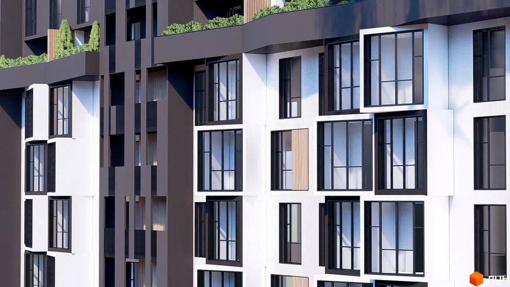 Зображення фасаду будинку Житлового комплексу Argo з великими вікнами. Архітектура новобудови з чіткими лініями та озелененням.