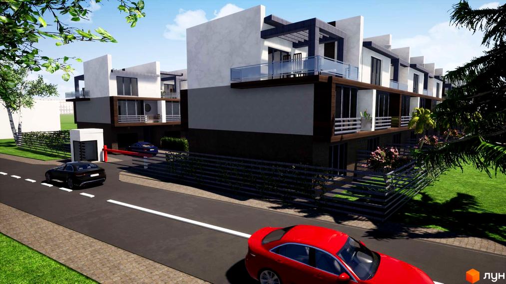 Зображення таунхаусів British Village з двома поверхами та гаражами. На території видно дерева, кущі та дорогу з автомобілями.