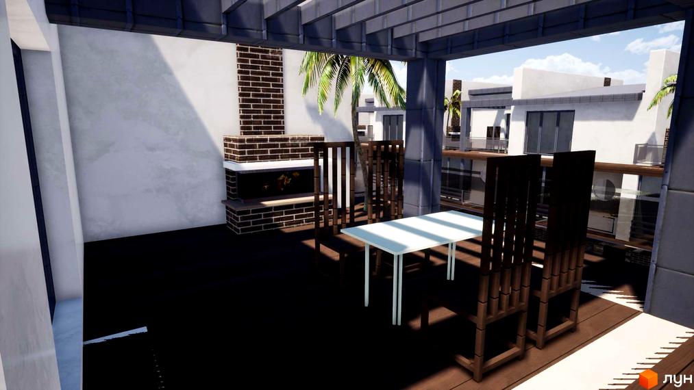 Зображення тераси з каміном у British Village. На фото дерев'яні меблі та вид на інші будинки Житлового комплексу.