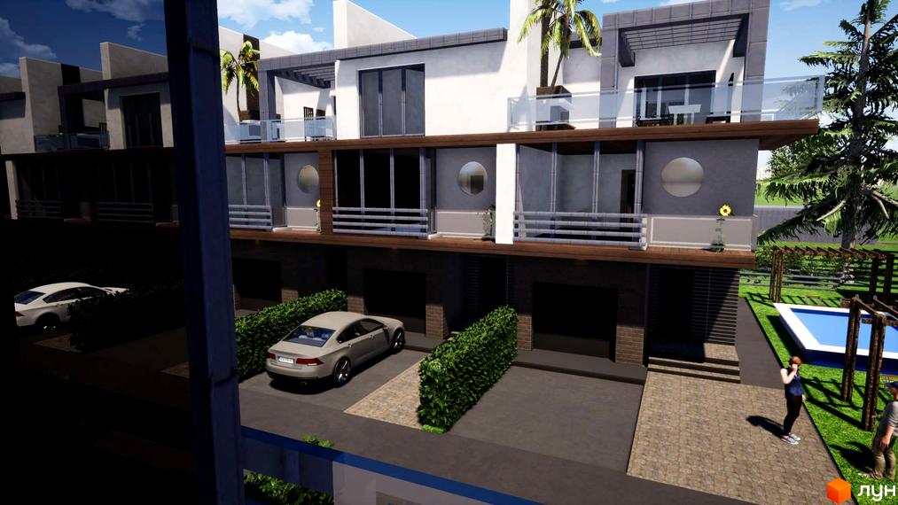 Зображення таунхаусів British Village з прибудинковою територією, де є басейн та парковка для автомобілів.