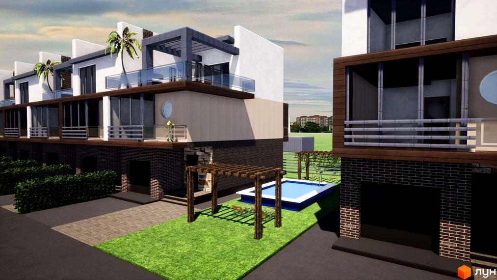 Зображення таунхаусів British Village з басейном та зеленим газоном. Вигляд фасаду будинку та прибудинкової території.