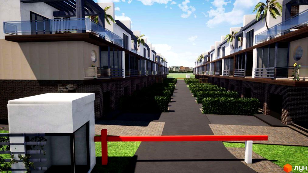 Зображення таунхаусів British Village з прибудинковою територією. Вигляд на вулицю з зеленими насадженнями та будинками.