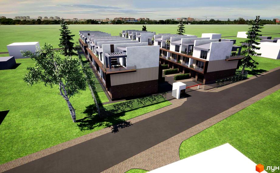 Таунхауси British Village. Зовнішній вигляд будинків з цегляними фасадами та сучасними балконами. Прибудинкова територія з газоном, деревами та дорогою.