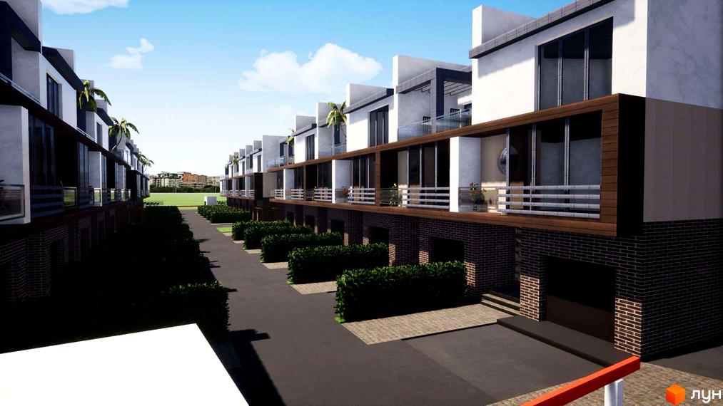 Зображення таунхаусів British Village з двома поверхами та балконами. Перед будинками висаджені кущі вздовж дороги.