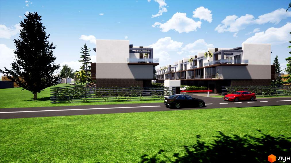 Зображення таунхаусів British Village з великими вікнами та балконами. На передньому плані зелений газон та дорога з автомобілями.