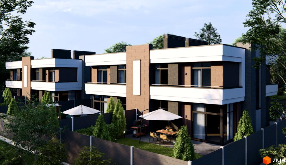 Зображення дуплексів O'house з двома поверхами та плоским дахом. На території є зелений газон, дерева та парасольки.