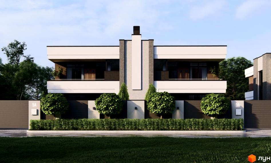 Дуплекси O'house: фасади будинків з великими вікнами та балконами, огороджена територія з кущами та деревами. Зовнішній вигляд новобудови.