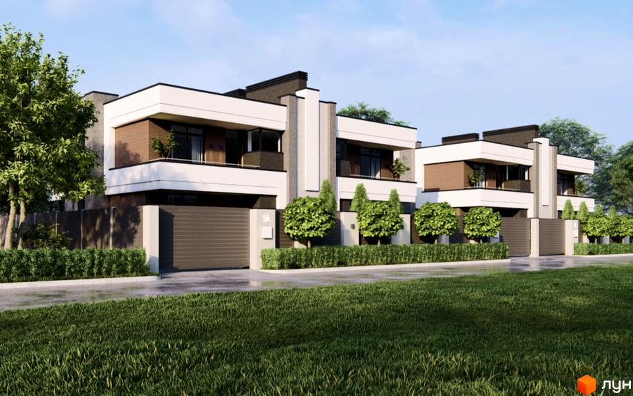 Зображення дуплексів O'house. Двоповерхові будинки з балконами та гаражами, перед якими зелений газон та декоративні кущі.
