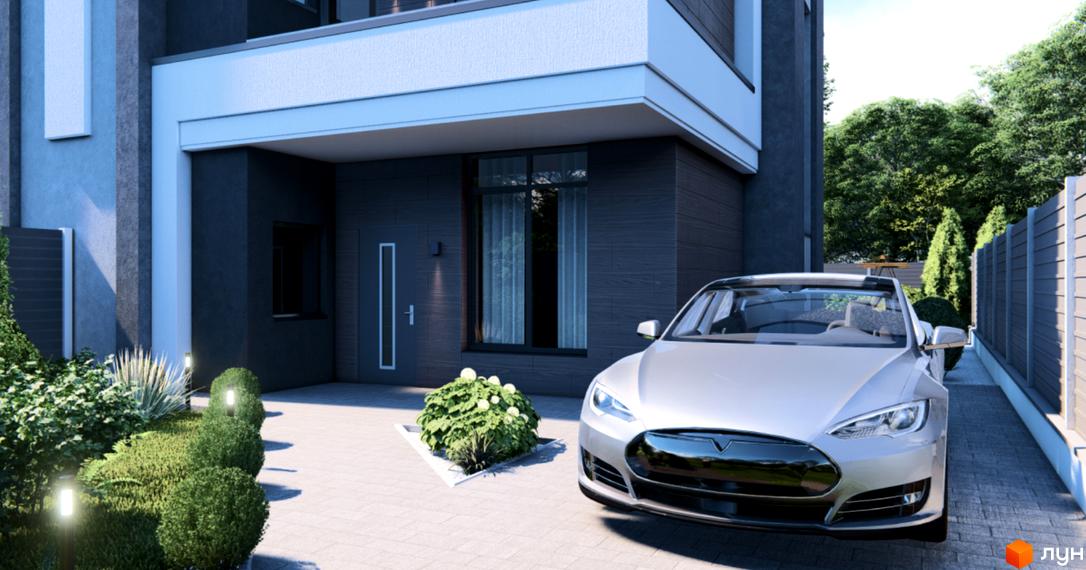 Дуплекси O'house: сучасний будинок з сріблястим автомобілем Tesla на подвір'ї. Зелені насадження та паркан створюють затишну атмосферу.