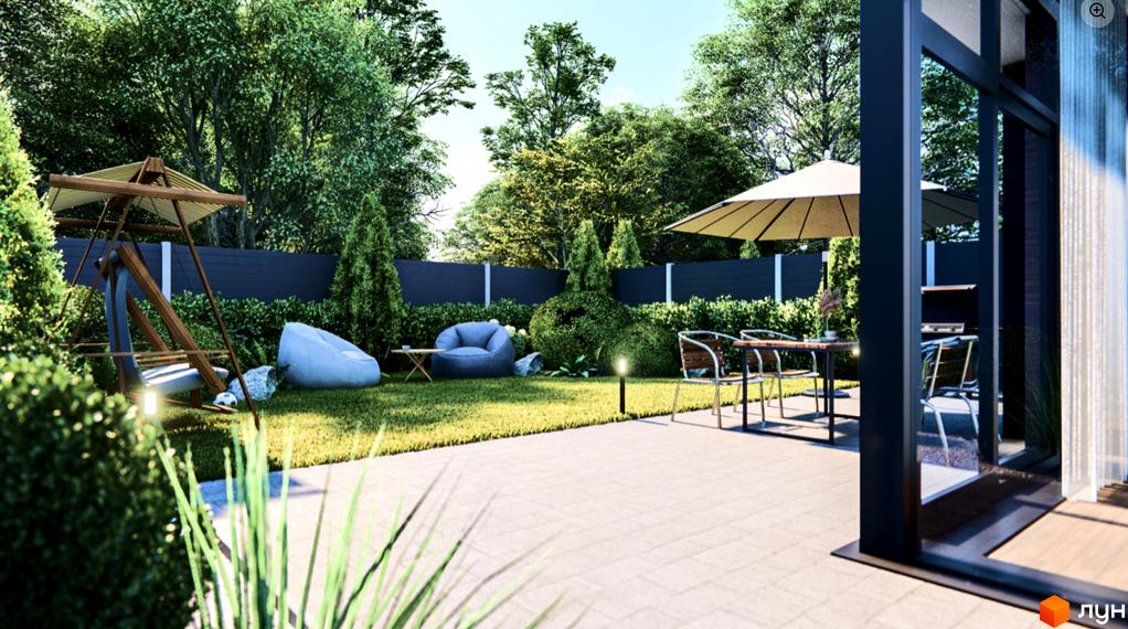 Зображення дуплексу O'house з прибудинковою територією. На подвір'ї є гойдалка, м'які крісла, стіл з парасолькою та багато зелені.