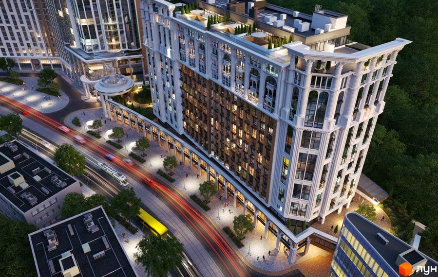 Житловий комплекс Podil Plaza & Residence з фасадом у класичному стилі та колонадою. Навколо комплексу облаштована прибудинкова територія з пішохідними зонами та зеленими насадженнями.