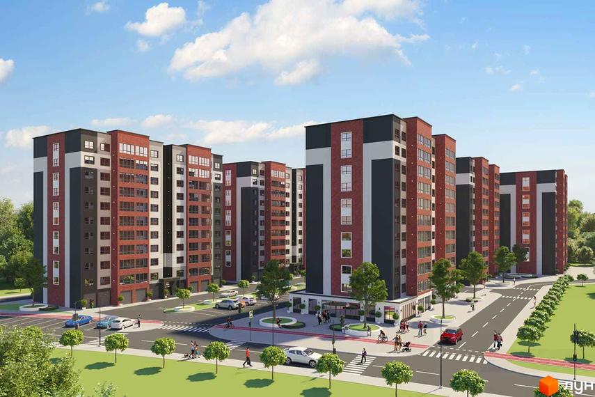 Зображення фасаду та прибудинкової території Житлового комплексу AVILA CITY. Багатоповерхові будинки з червоної цегли, зелені насадження.