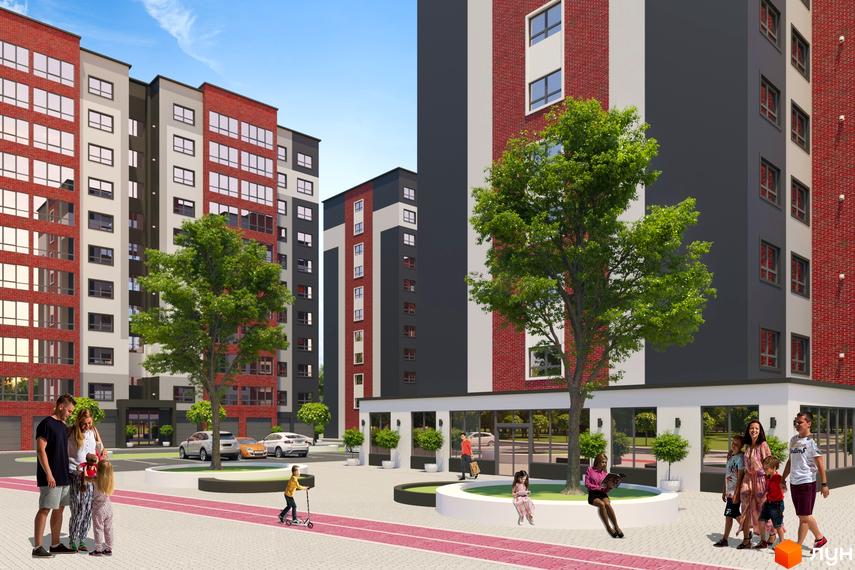 Зображення фасаду та прибудинкової території Житлового комплексу AVILA CITY. На передньому плані люди, дерева та дитячий майданчик.