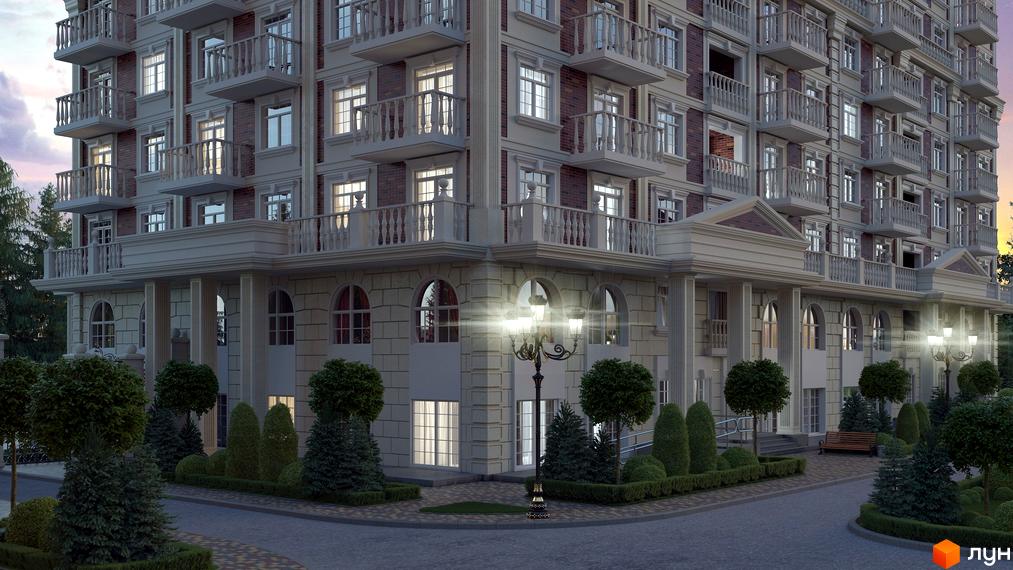 Житловий комплекс Нова Англія: фасад будівлі з балконами та колонами, прибудинкова територія з деревами та ліхтарем.