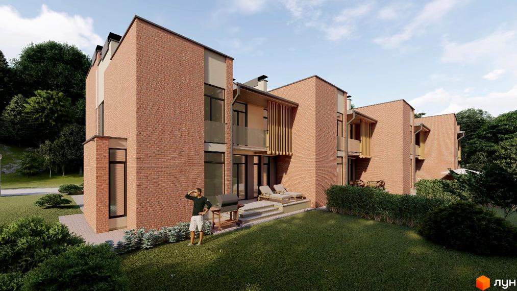 Зовнішній вигляд цегляних будинків житлового комплексу на вулиці Міхновського, 22, з прибудинковою територією та зеленими насадженнями. Фото новобудови.