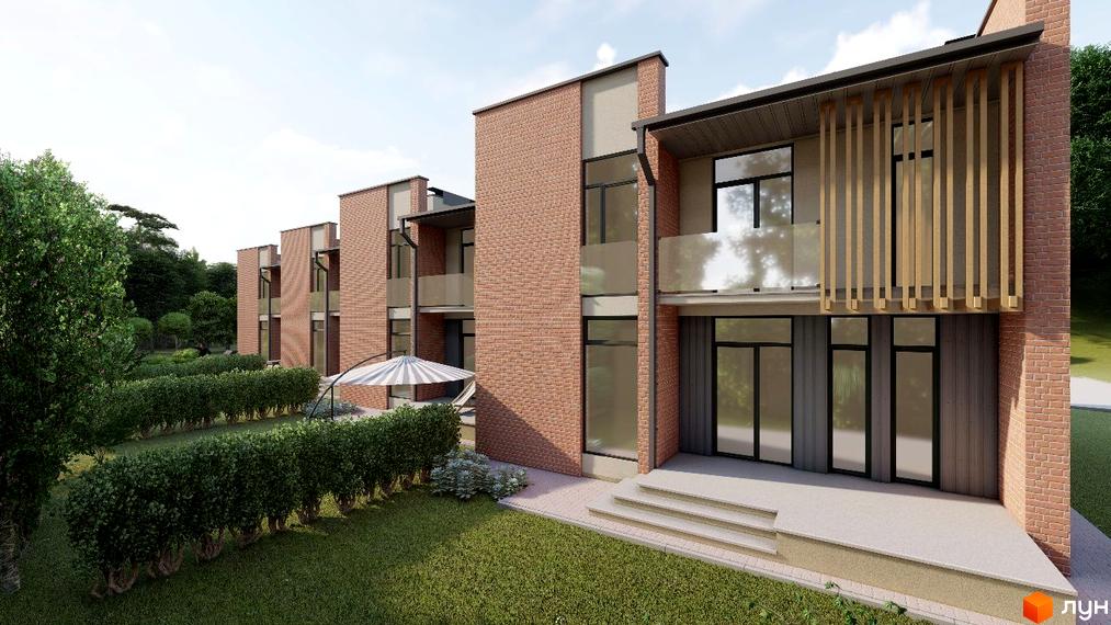 Житловий комплекс на вул. Міхновського, 22: цегляні фасади, скляні балкони та зелена прибудинкова територія з акуратними кущами та газоном.