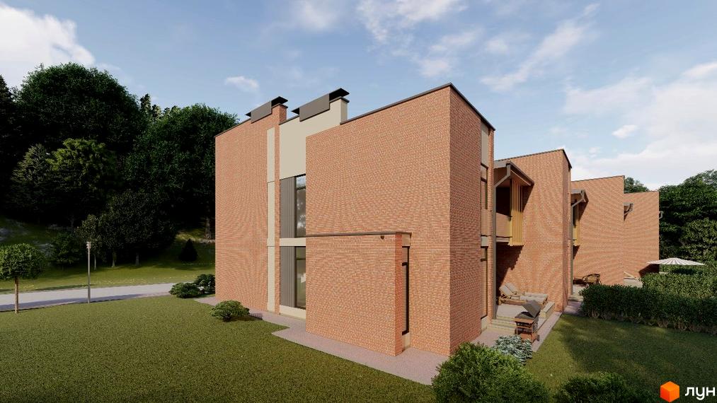 Зображення будинку з червоної цегли. На прибудинковій території газон та зелені насадження. Вид на ЖК на вул. Міхновського, 22.