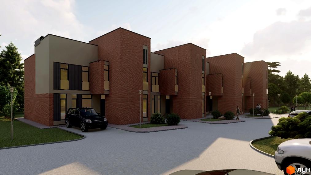 Зовнішній вигляд новобудови на вулиці Міхновського, 22, з цегляним фасадом та прибудинковою територією з автомобілями та деревами.