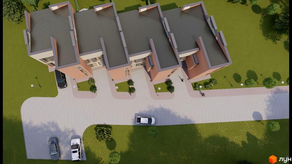 Ряд двоповерхових таунхаусів на вул. Міхновського, 22 з цегляними фасадами та сірими дахами. Прилегла територія має зелені газони, дерева та асфальтовану дорогу.