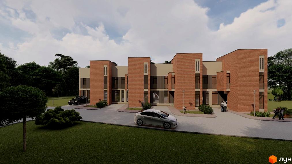 Зовнішній вигляд житлового комплексу на вулиці Міхновського, 22, з цегляними фасадами та великими вікнами. Прибудинкова територія з зеленими насадженнями та автомобілями.