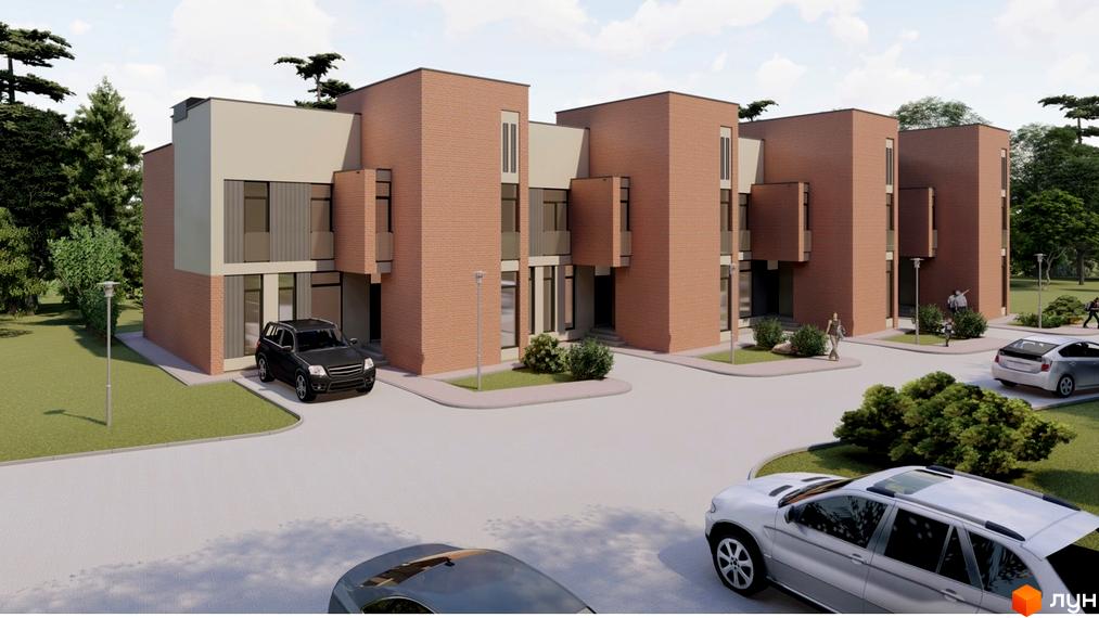 Зовнішній вигляд новобудови на вул. Міхновського, 22, з цегляним фасадом та великими вікнами, прибудинкова територія з парковкою та зеленими насадженнями.