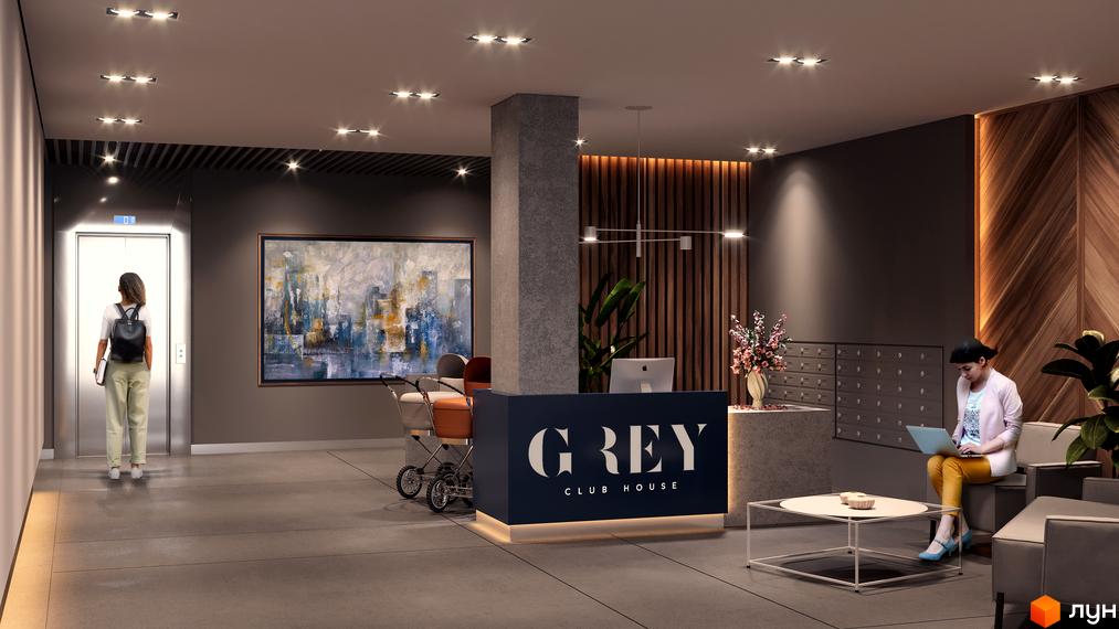 Інтер'єр холу в Житловому комплексі Club House GREY з ресепшеном, зоною очікування та ліфтом. На стінах картина та дерев'яні панелі.