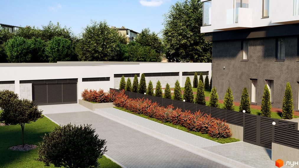 Зовнішній вигляд новобудови ЖК Club House GREY з цегляним фасадом та прибудинковою територією з деревами та кущами.