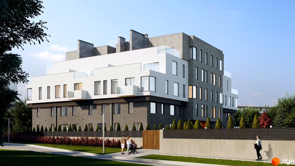 Житловий комплекс Club House GREY - це сучасна новобудова з сірим та білим фасадом, великими вікнами та скляними балконами. Територія навколо будинку упорядкована, з зеленими насадженнями та доріжками.