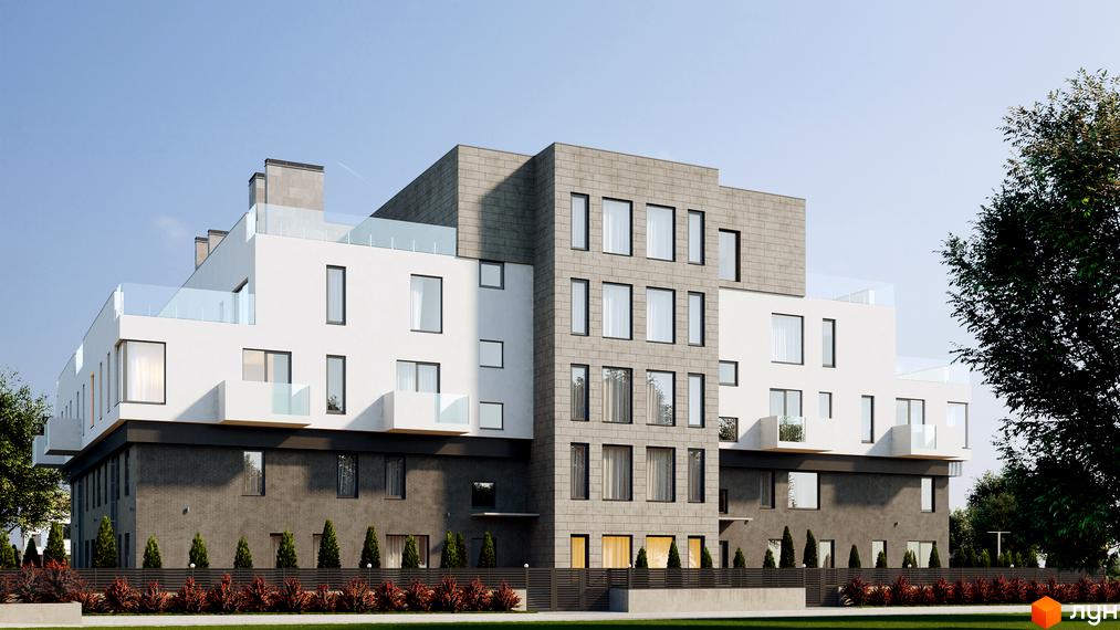 Зображення фасаду Житлового комплексу Club House GREY. Багатоповерховий будинок з великими вікнами та озелененням навколо.