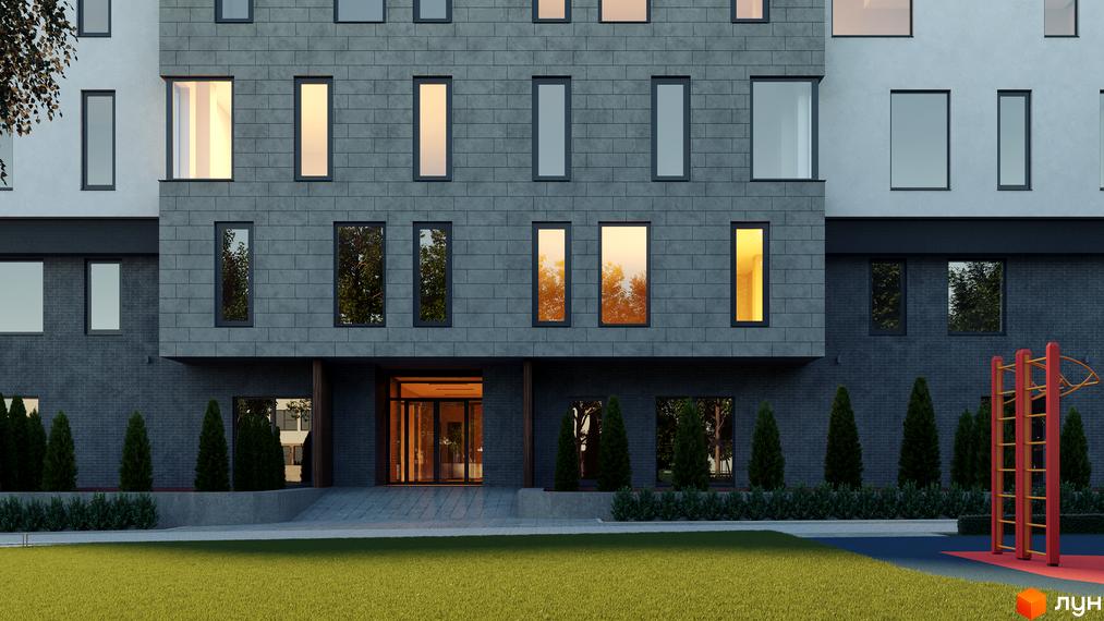 Фасад будинку в Житловому комплексі Club House GREY з великими вікнами. На передньому плані зелений газон та дитячий майданчик.