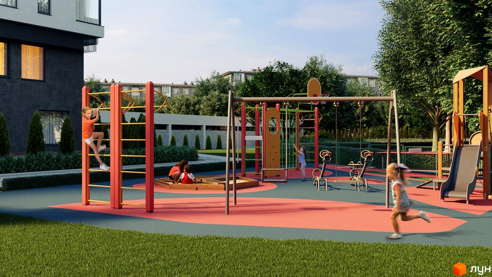 Житловий комплекс Club House GREY: дитячий майданчик біля будинку з елементами для лазіння, гойдалками та пісочницею. Навколо зелена зона та дерева.