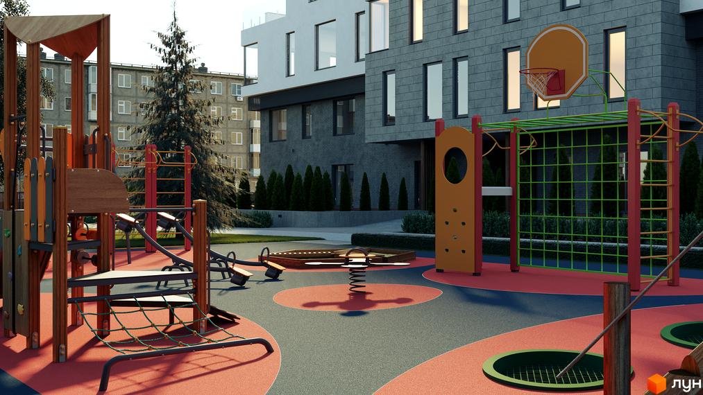 Житловий комплекс Club House GREY з дитячим майданчиком та баскетбольним кільцем. Зовнішній вигляд будинку з сірим фасадом та великими вікнами.