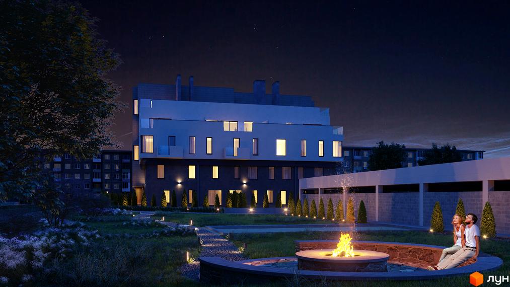 Зображення Житлового комплексу Club House GREY вночі. Вигляд будівлі та прибудинкової території з ландшафтним дизайном.