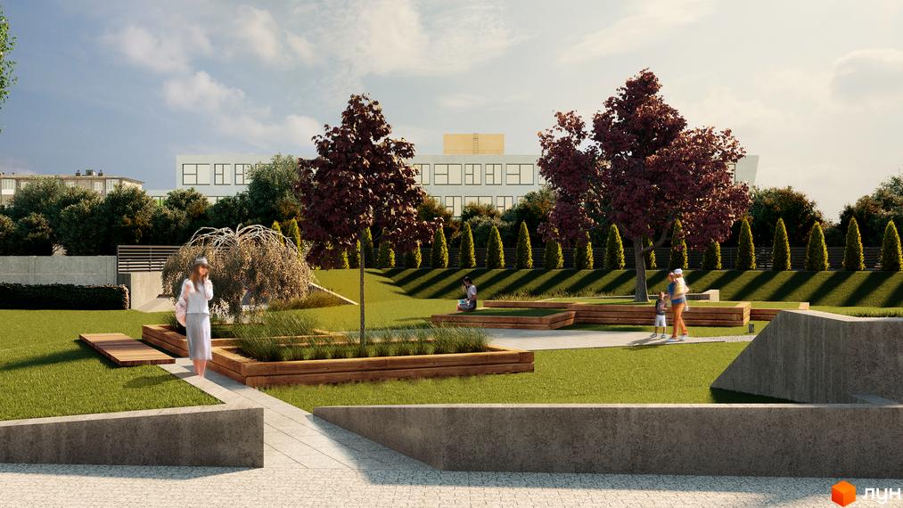 Житловий комплекс Club House GREY з доглянутою прибудинковою територією, зеленими зонами та місцями для відпочинку.