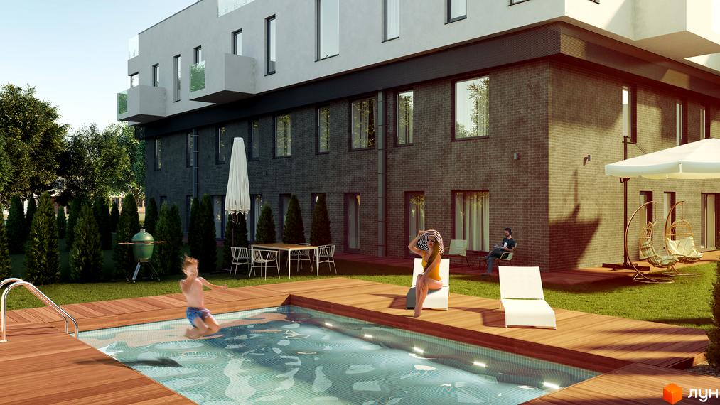 Житловий комплекс Club House GREY з басейном та зоною відпочинку. Зовнішній вигляд будинку з цегляною обробкою та балконами.