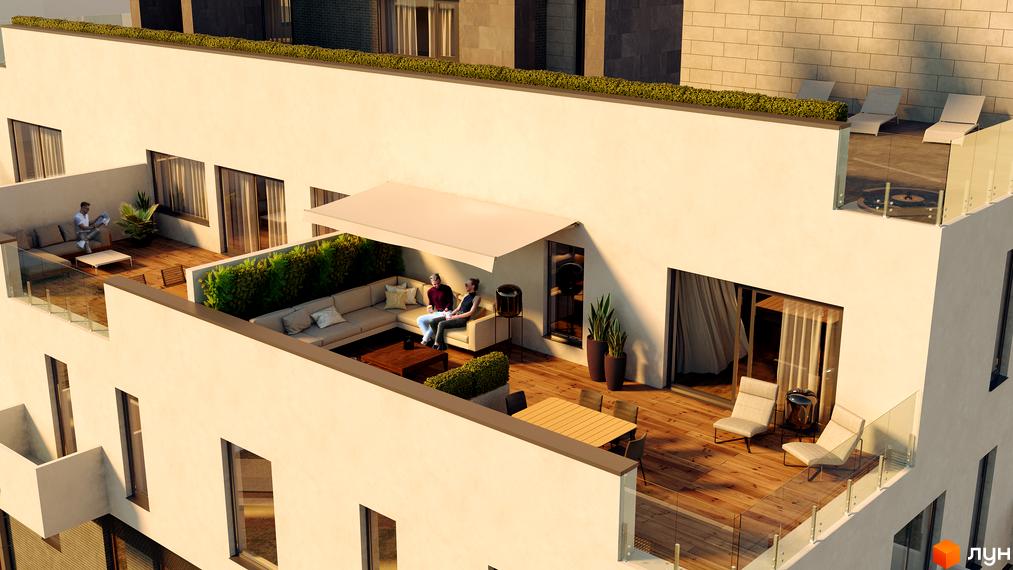 Житловий комплекс Club House GREY. Зовнішній вигляд будівлі з терасами, зонами відпочинку та зеленими насадженнями.