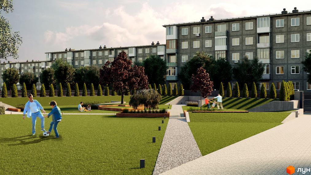 Зображення Житлового комплексу Club House GREY з сірими багатоповерхівками та зеленим двором, де грають діти. Ландшафтний дизайн території.