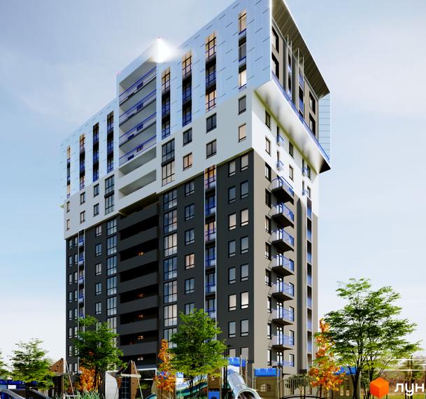 Житловий комплекс Steel House – висотна новобудова з панорамними вікнами та балконами, оточена зеленими деревами та дитячим майданчиком.