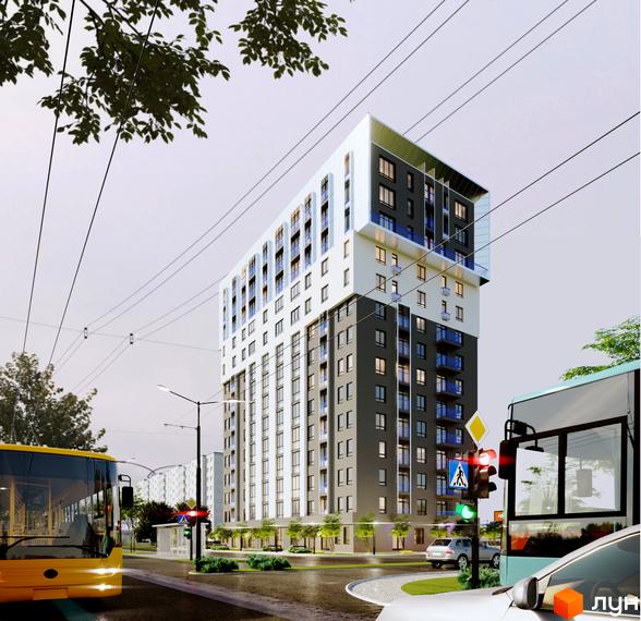Житловий комплекс Steel House – це висотна будівля з біло-сірим фасадом та скляними балконами, розташована біля дороги з трамвайними лініями та світлофорами.