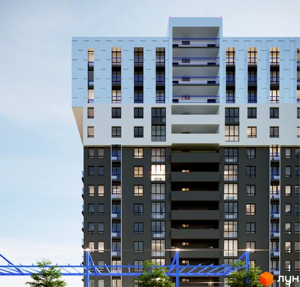 Житловий комплекс Steel House з сірими та білими фасадами, великими вікнами та балконами. Частина прибудинкової території з синіми конструкціями та деревами.