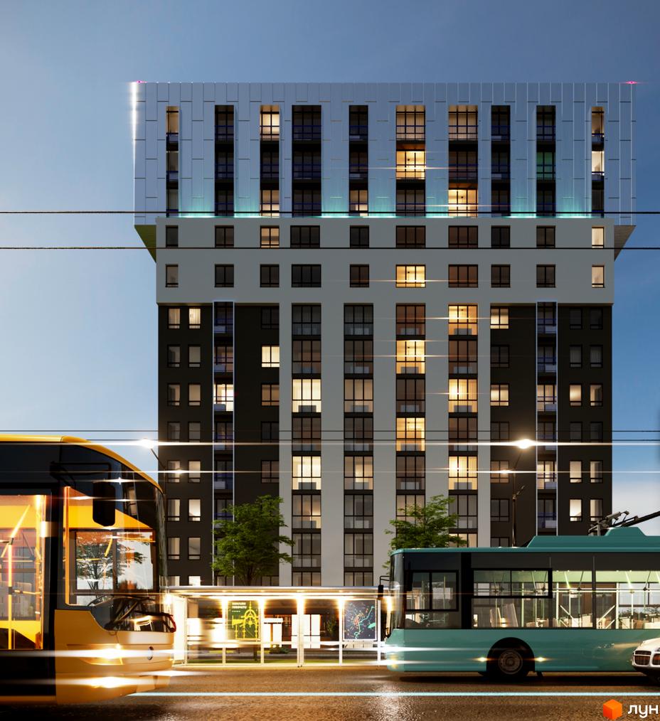 Житловий комплекс Steel House – це багатоповерхова новобудова з виразним фасадом та сучасним дизайном. На зображенні видно частину будівлі з великими вікнами та елементами освітлення, а також міський транспорт біля будинку.