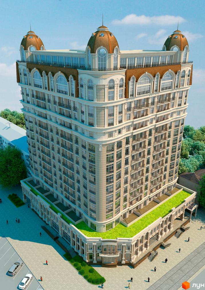 Висотна будівля житлового комплексу з витонченим дизайном фасаду та великими вікнами. На першому поверсі розташована зелена зона, а також парковка для автомобілів.