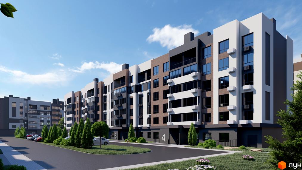 Житловий комплекс Озерний Гай (Гатне) з багатоповерховими будинками білого, сірого та цегляного кольорів. Територія має дорогу, парковку та зелені насадження.