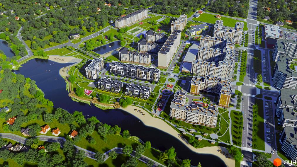 Комплекс Озерний Гай (Гатне) представлений багатоповерховими будівлями, розташованими серед великих зелених зон, озера з пляжами та доріг.