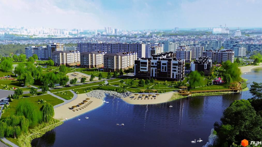 ЖК Озерний Гай (Гатне) з багатоповерховими будинками зі світлими та темними фасадами. Прилегла територія з озером, пляжами, пірсами та зеленими зонами.