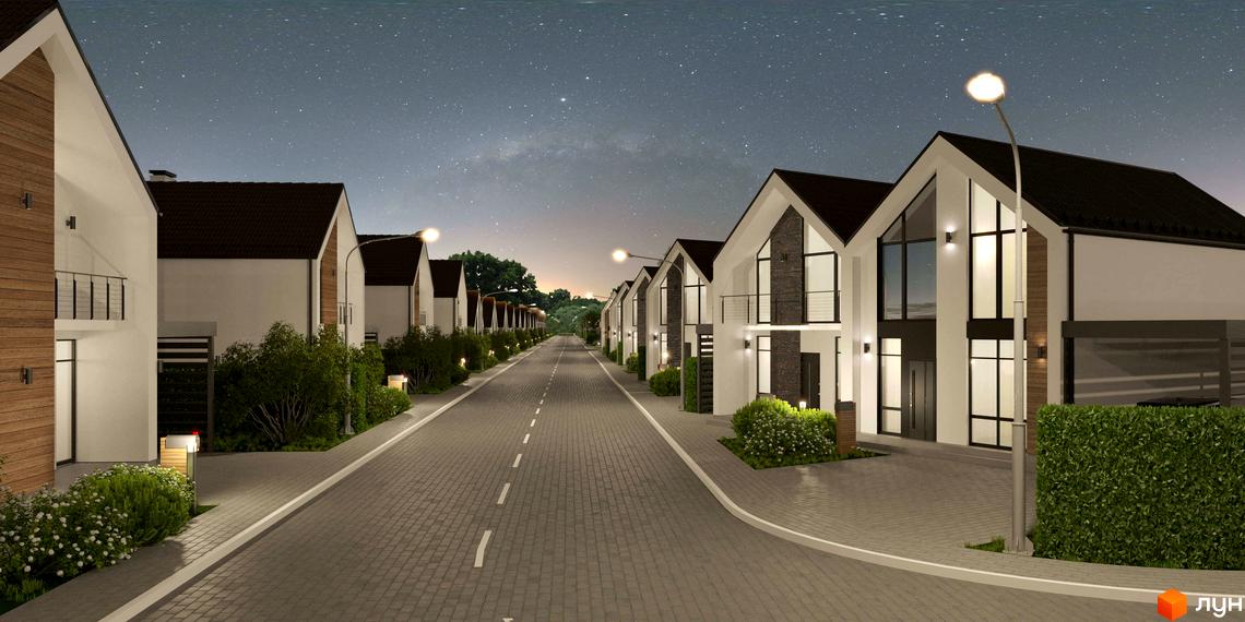 Котеджне містечко КМ Gardd House Eco Village вночі. Сучасні будинки з великими вікнами та доглянутою територією з освітленням.