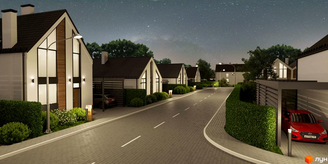 Котеджне містечко Gardd House Eco Village: будинки з білими фасадами, гострими дахами та великими вікнами, розташовані вздовж вимощеної дороги з зеленими насадженнями.