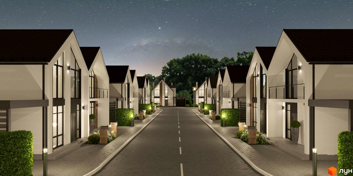 Котеджне містечко Gardd House Eco Village: білі будинки з темними дахами та великими вікнами. Вулиця з бруківкою, зеленими насадженнями та ліхтарями освітлена вночі.